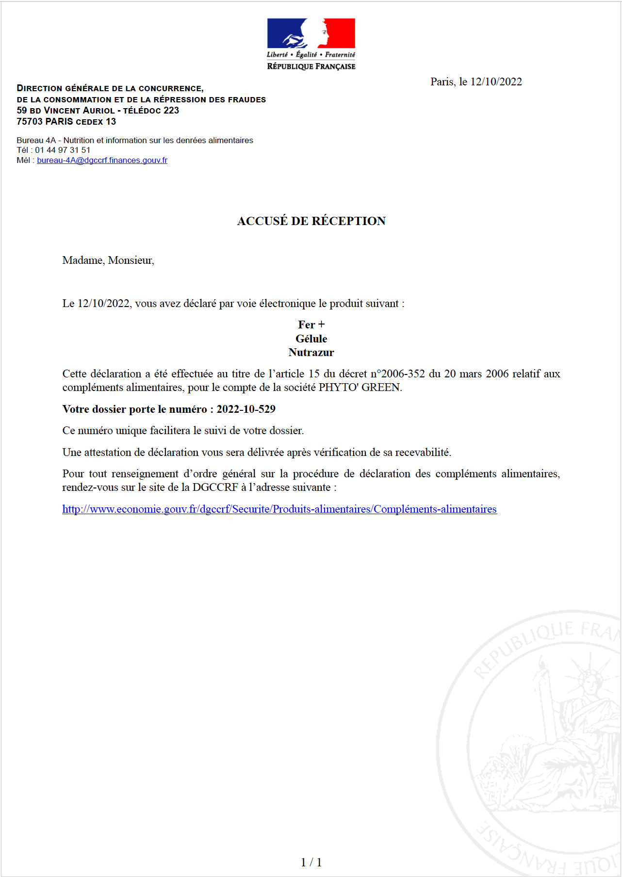 Fer+:  Bisglycinate de fer (60 gélules)