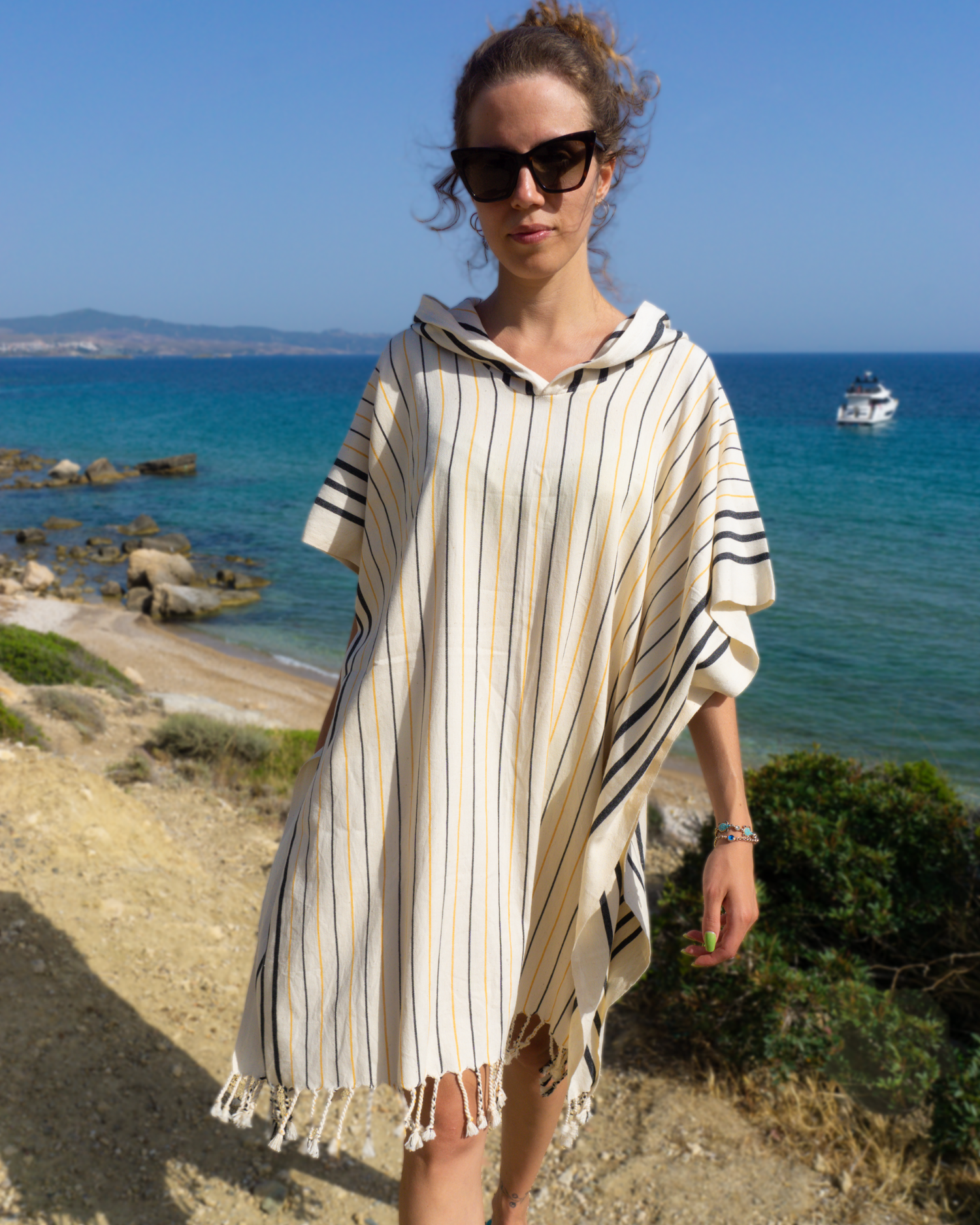 Women Hooded Beach Pool Spa Sauna Poncho, Changing Towel - Stripe Yellow, with Recycled Gift Box