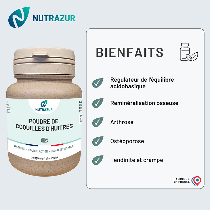 Poudre de coquilles d'huîtres : Apport de tous les mineraux indispensables aux corps humain, reminéralisation osseuse (90 gélules)